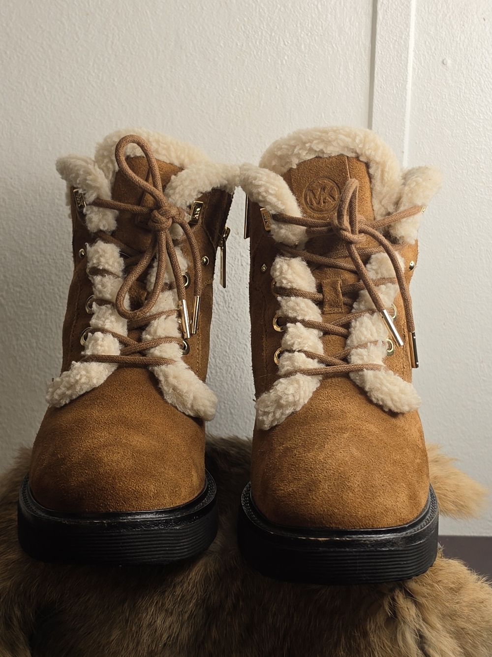 Michael Kors Tan Suede Shearling Lace-Up Ankle Boots - Picture 2 of 14
